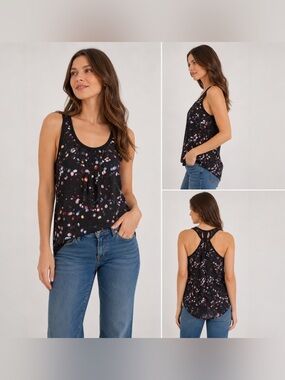 Volcom Starry Brights Silk Blend Tank Top XS Black Sheer Racerback Printed Blous